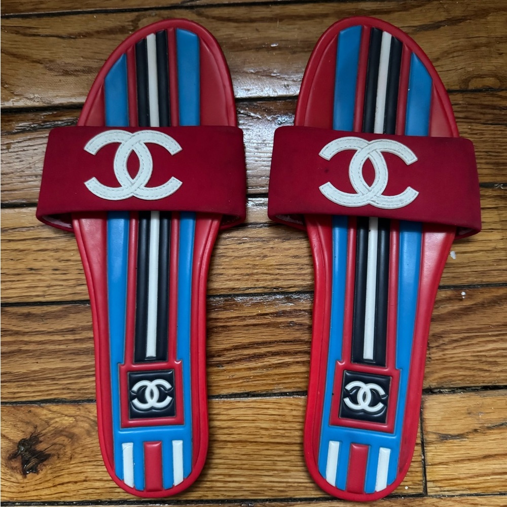 Chanel Red, White, and Blue Slide Sandals